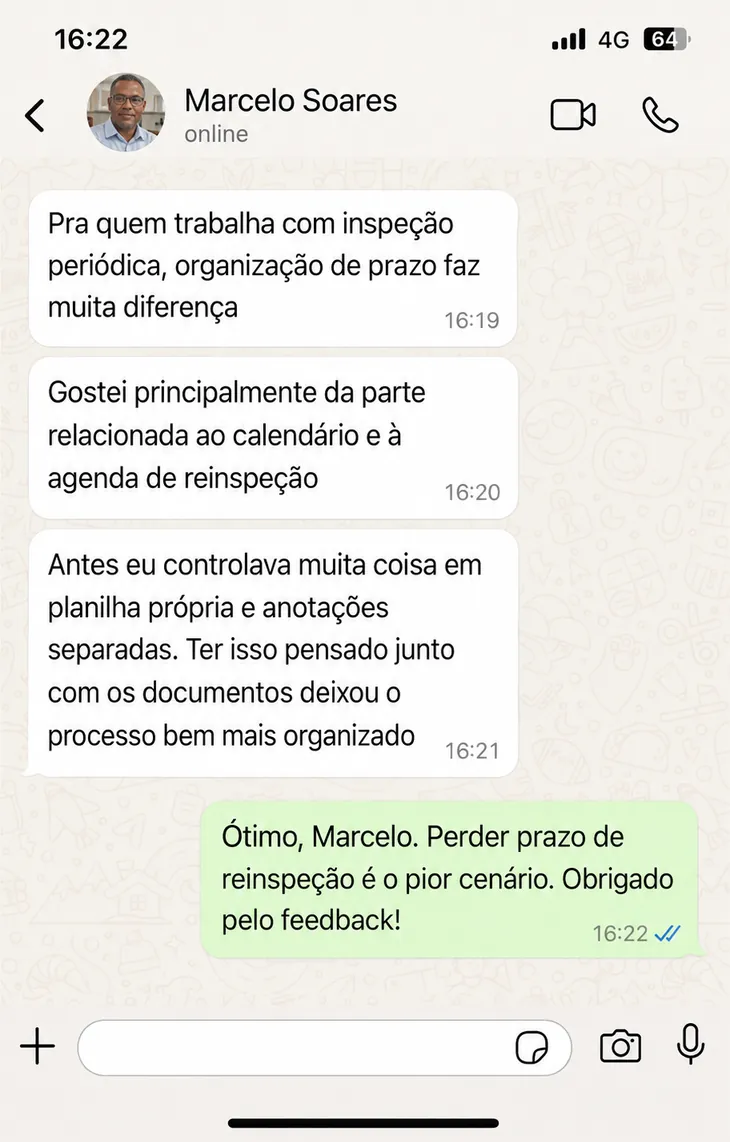Depoimento de cliente sobre o kit de documentos de inspeção mecânica, número 9
