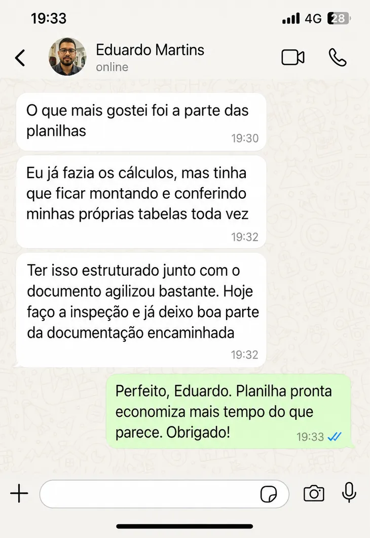 Depoimento de cliente sobre o kit de documentos de inspeção mecânica, número 3