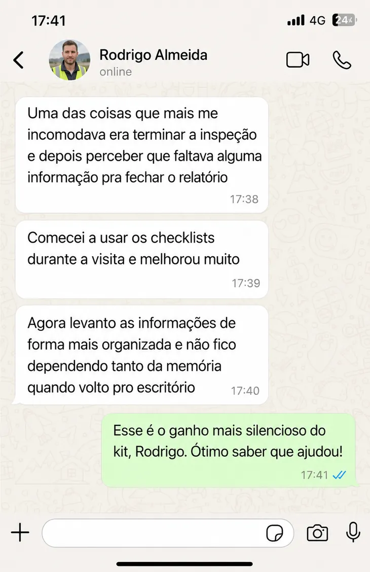Depoimento de cliente sobre o kit de documentos de inspeção mecânica, número 5