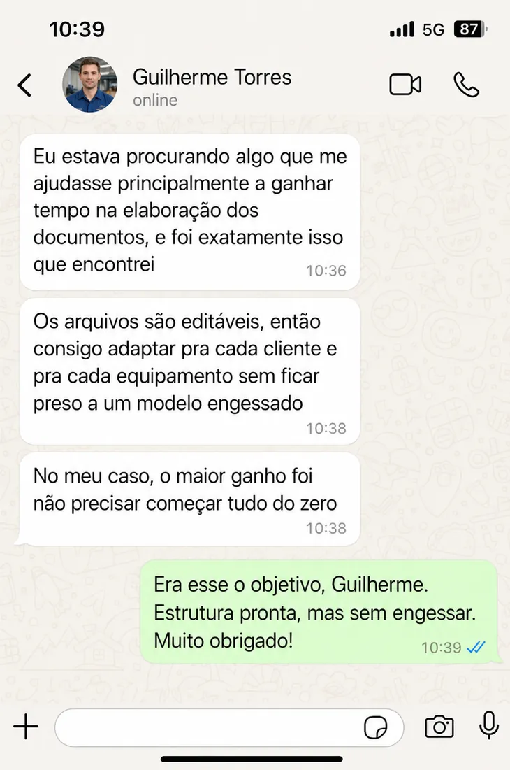 Depoimento de cliente sobre o kit de documentos de inspeção mecânica, número 10