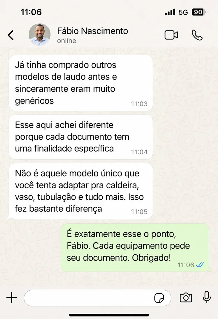 Depoimento de cliente sobre o kit de documentos de inspeção mecânica, número 4