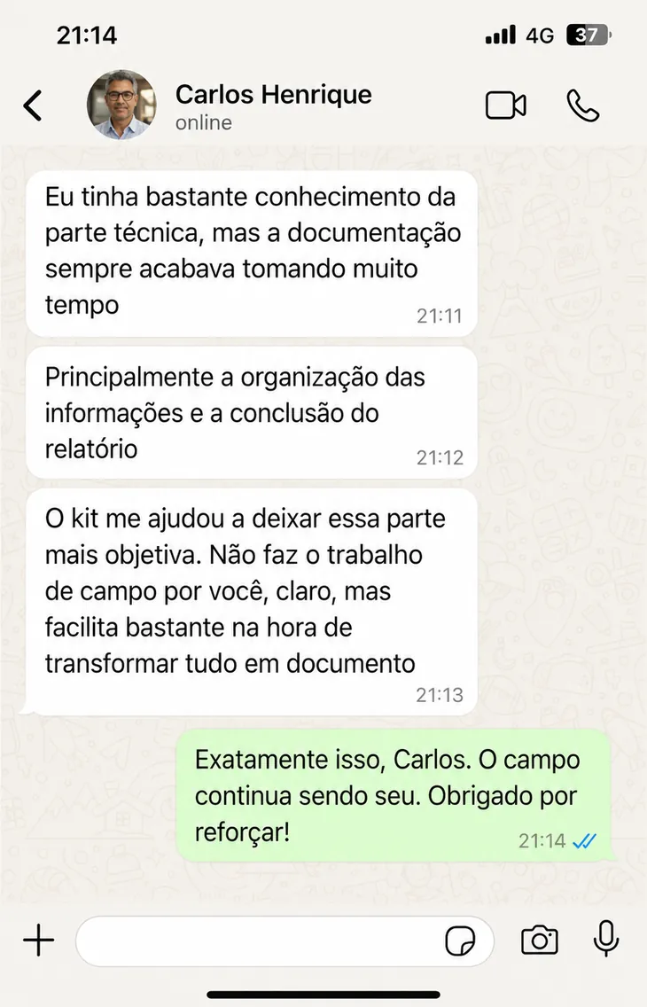 Depoimento de cliente sobre o kit de documentos de inspeção mecânica, número 7