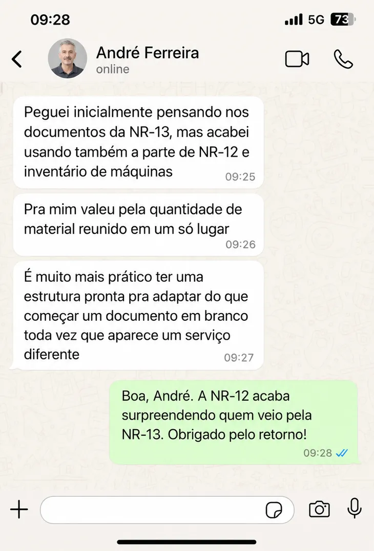 Depoimento de cliente sobre o kit de documentos de inspeção mecânica, número 6
