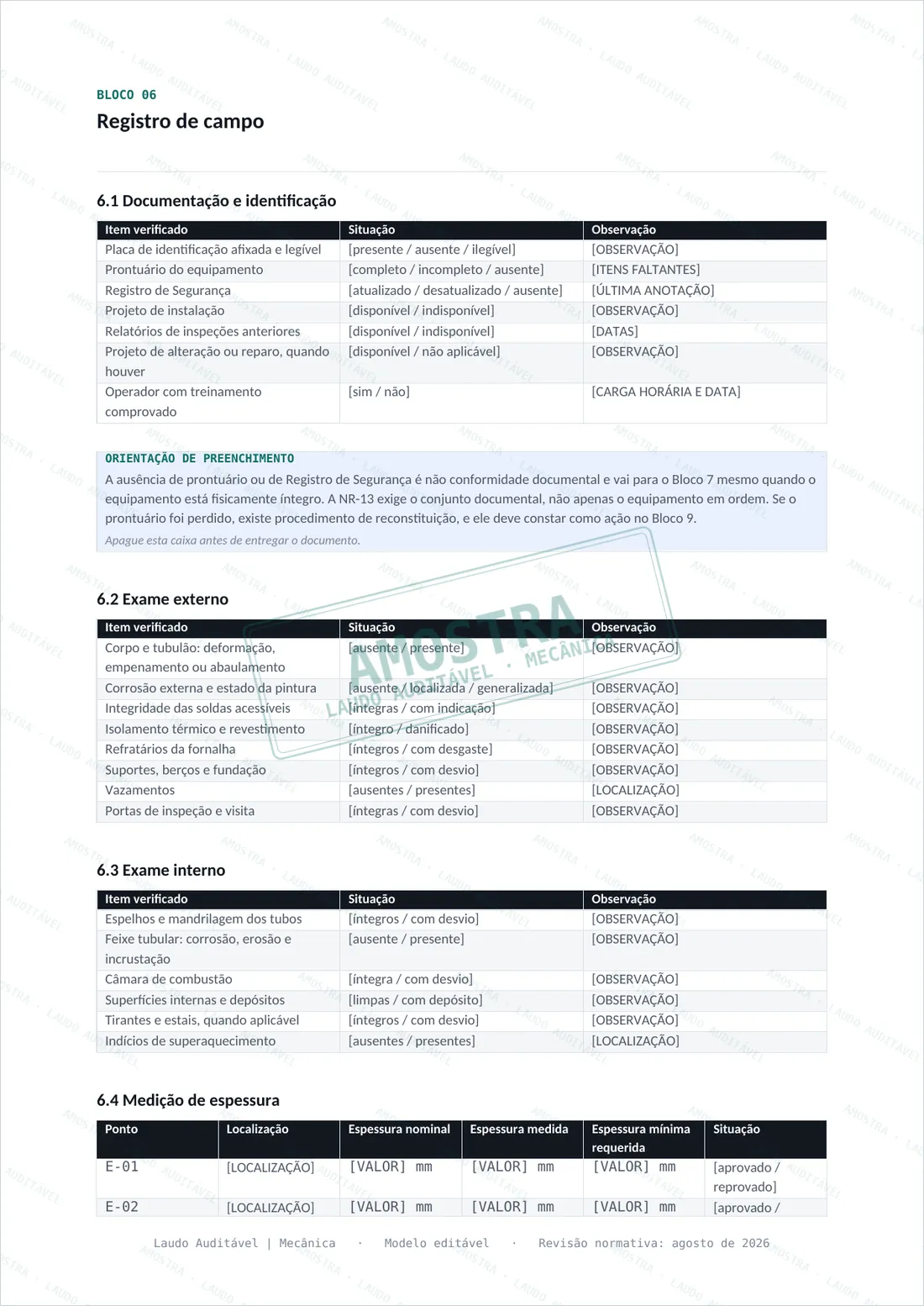Bloco de registro de campo do Relatório de Inspeção de Caldeira